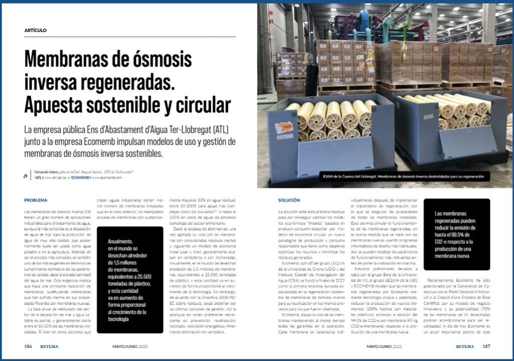 Text parcial de l'article Membranes d'osmosi inversa regenerades. Aposta sostenible i circular publicat a la revista RETEMA (Maig-Juny 2025, pàg. 186-187)